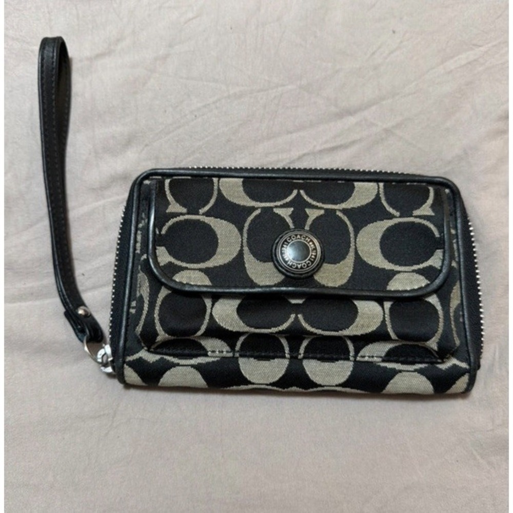 Coach Signature Wallet Jacquard Wallet Black Gray Zip Around Wristlet